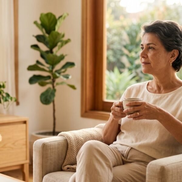 Mulher 40+ em ambiente acolhedor e contemplativo representando prevenção ao suicídio, Setembro Amarelo e valorização da vida.