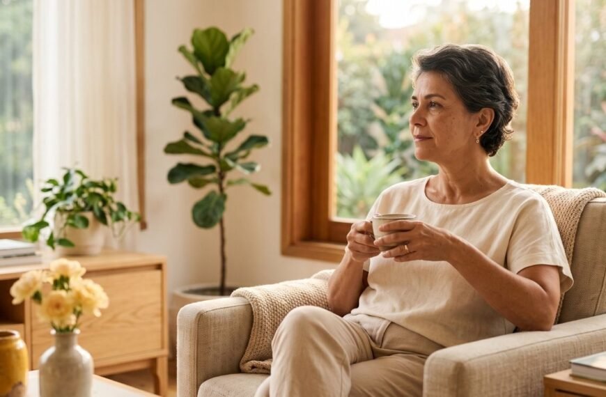 Mulher 40+ em ambiente acolhedor e contemplativo representando prevenção ao suicídio, Setembro Amarelo e valorização da vida.