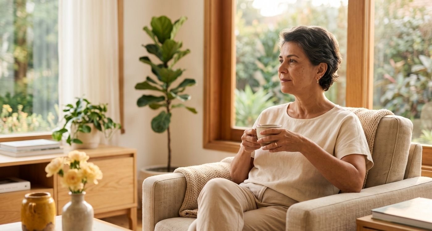 Mulher 40+ em ambiente acolhedor e contemplativo representando prevenção ao suicídio, Setembro Amarelo e valorização da vida.