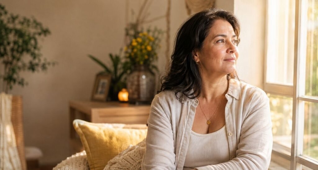 Mulher 40+ em ambiente acolhedor e contemplativo representando prevenção ao suicídio, Setembro Amarelo e valorização da vida.