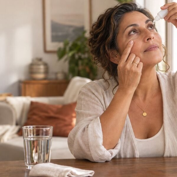 Mulher 50+ representando ressecamento de mucosas na menopausa e mudanças em olhos, boca, nariz e região íntima.