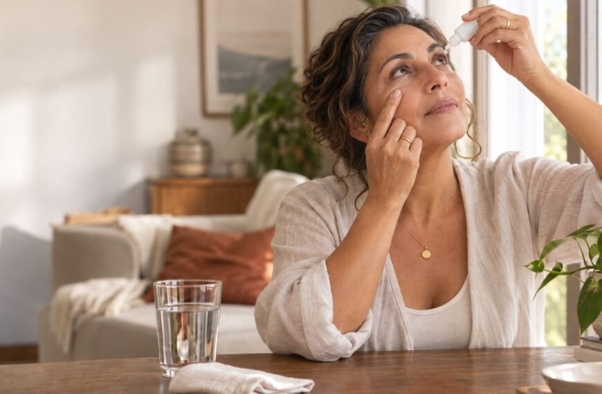 Mulher 50+ representando ressecamento de mucosas na menopausa e mudanças em olhos, boca, nariz e região íntima.
