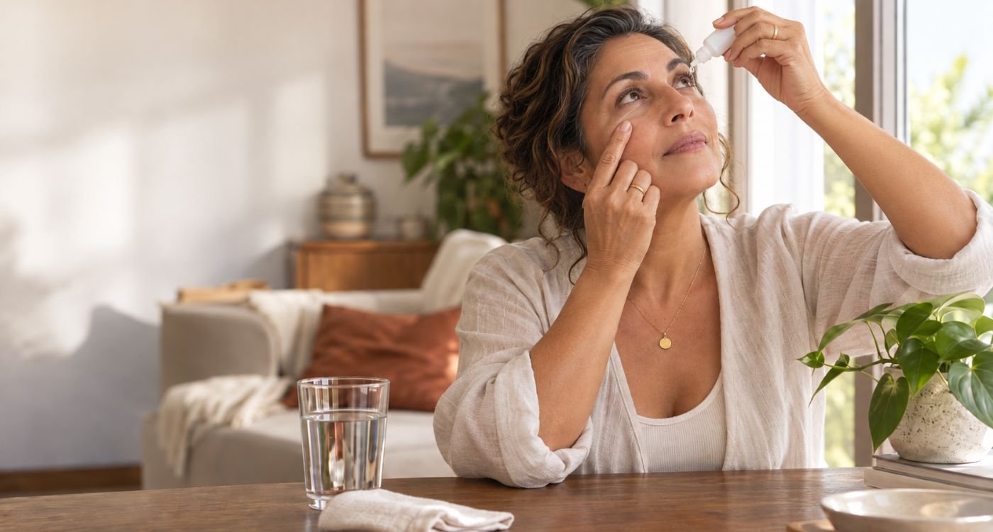 Mulher 50+ representando ressecamento de mucosas na menopausa e mudanças em olhos, boca, nariz e região íntima.