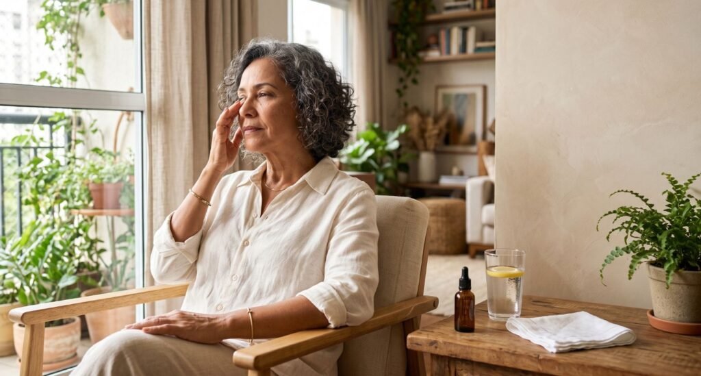 Mulher adulta observando sintomas de ressecamento de mucosas na menopausa, como olhos e boca secos.