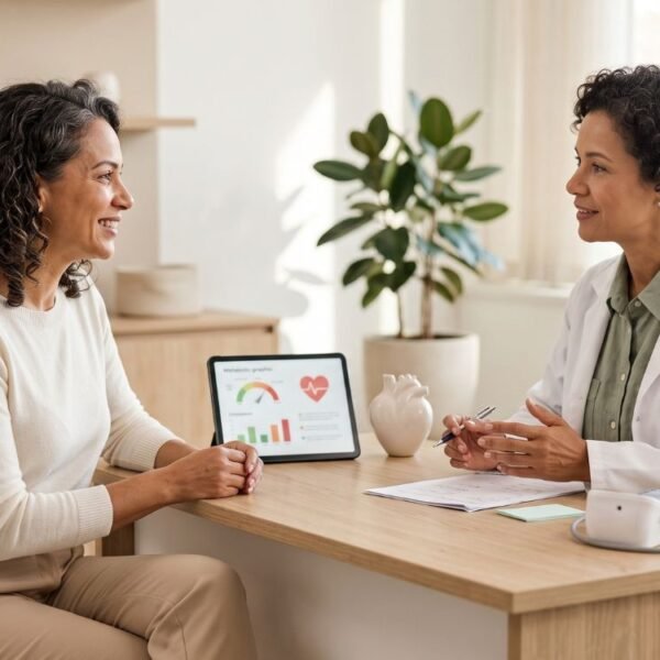 Mulher 45+ conversa com médico sobre saúde do coração na menopausa e mudanças metabólicas
