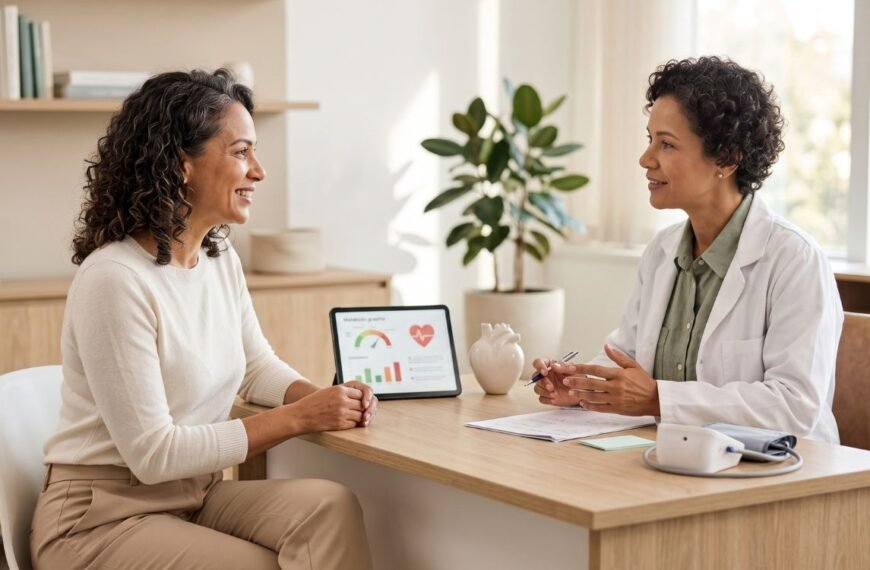 Mulher 45+ conversa com médico sobre saúde do coração na menopausa e mudanças metabólicas