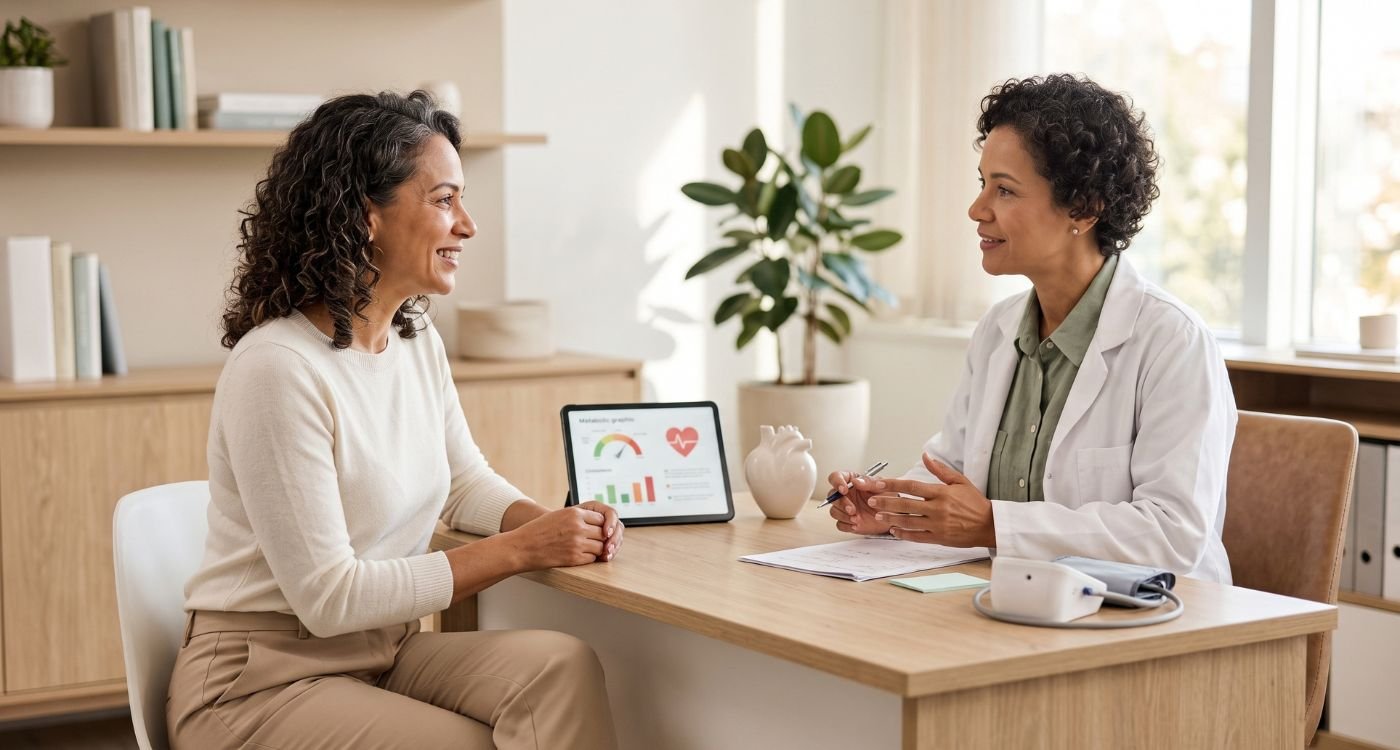 Mulher 45+ conversa com médico sobre saúde do coração na menopausa e mudanças metabólicas