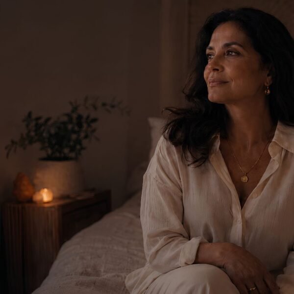 Mulher 40+ em momento de autocuidado e reflexão sobre saúde sexual na menopausa, conforto, prazer e intimidade.