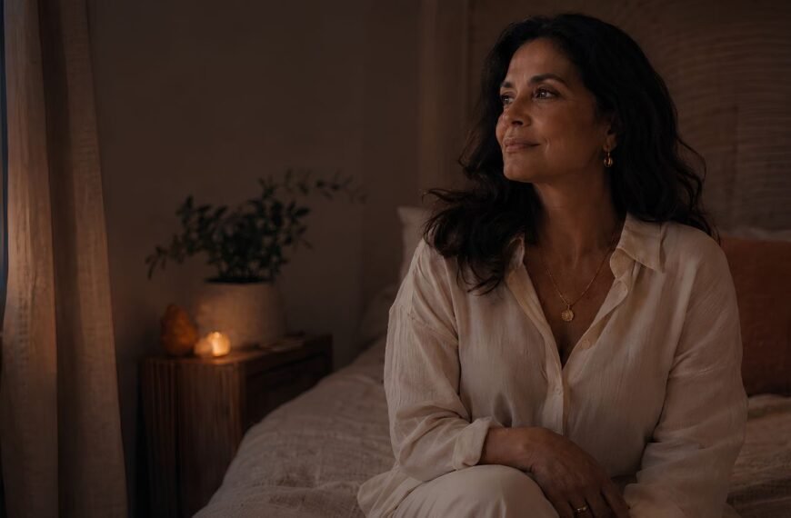 Mulher 40+ em momento de autocuidado e reflexão sobre saúde sexual na menopausa, conforto, prazer e intimidade.