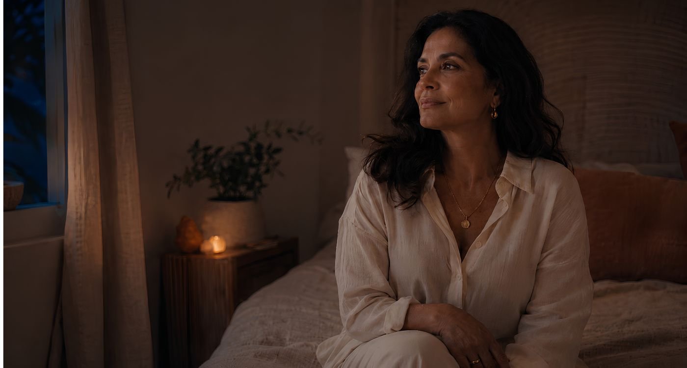 Mulher 40+ em momento de autocuidado e reflexão sobre saúde sexual na menopausa, conforto, prazer e intimidade.