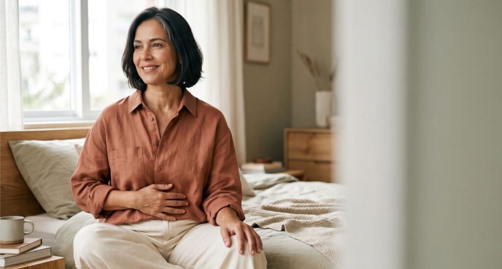 Mulher 40+ em momento de autocuidado e reflexão sobre saúde sexual na menopausa, conforto, prazer e intimidade.