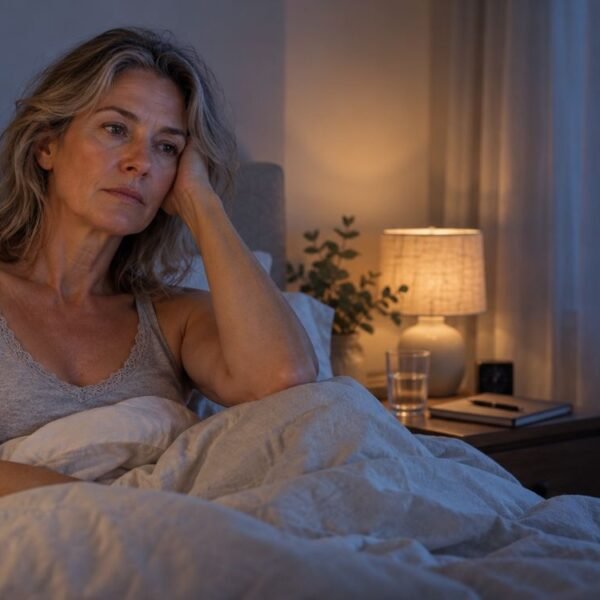 Mulher 50+ acordada na cama à noite representando a TCC-I na menopausa como tratamento para insônia.