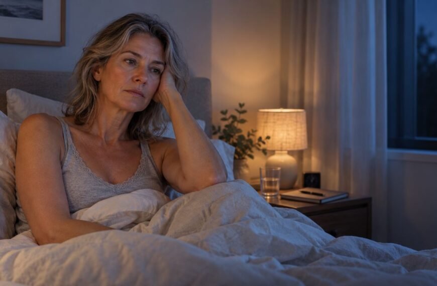 Mulher 50+ acordada na cama à noite representando a TCC-I na menopausa como tratamento para insônia.