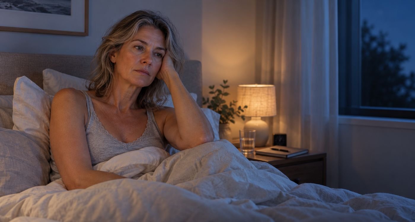 Mulher 50+ acordada na cama à noite representando a TCC-I na menopausa como tratamento para insônia.