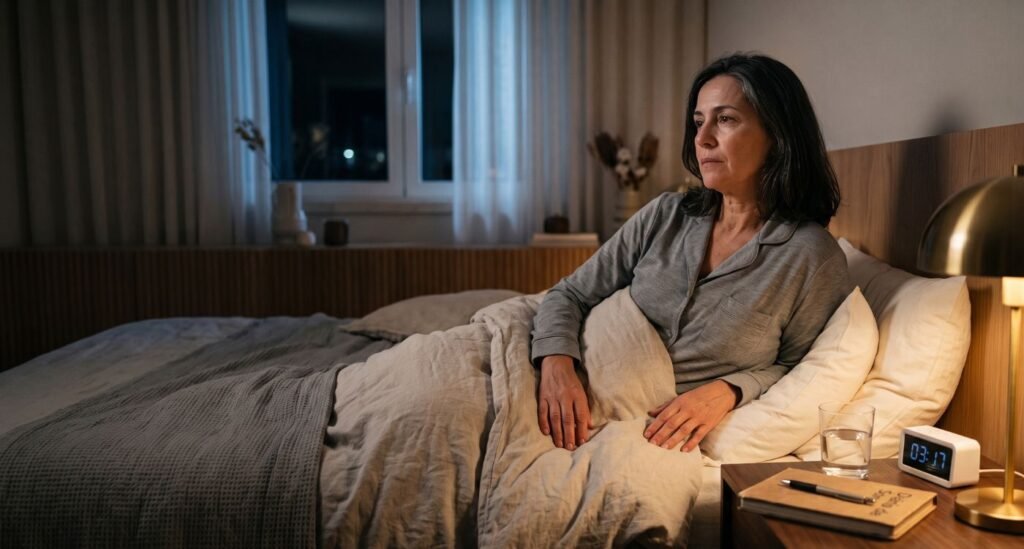 Mulher 50+ acordada as 03 da manhã, na cama, representando a TCC-I na menopausa como tratamento para insônia.
