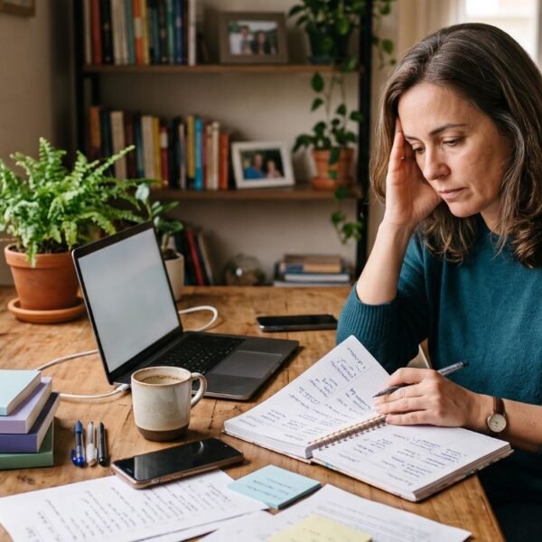 Mulher com TDAH após os 40 refletindo sobre dificuldades de foco e organização.