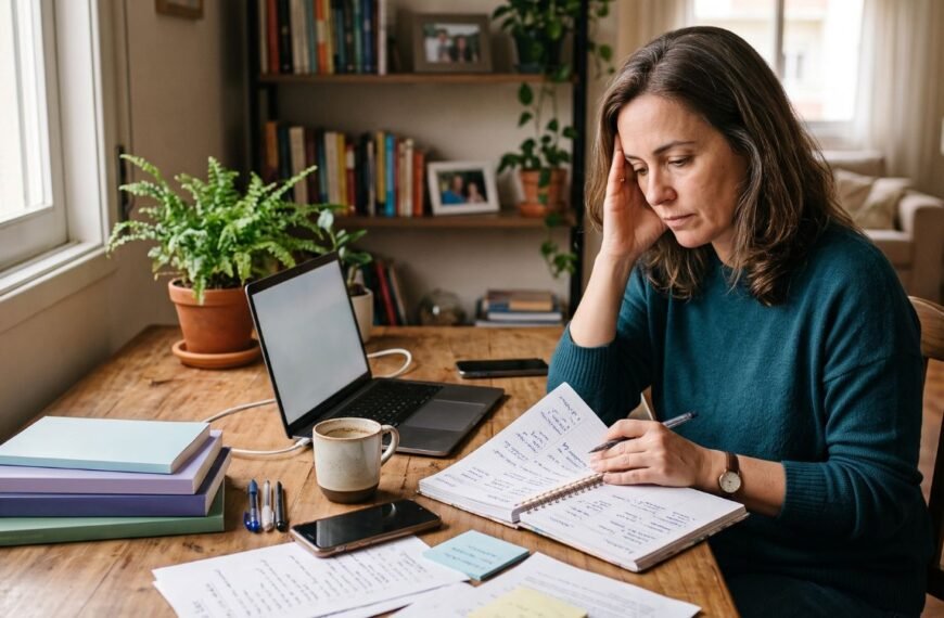 Mulher com TDAH após os 40 refletindo sobre dificuldades de foco e organização.