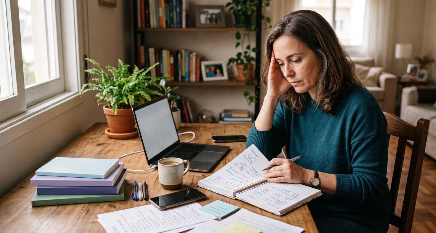 Mulher com TDAH após os 40 refletindo sobre dificuldades de foco e organização.