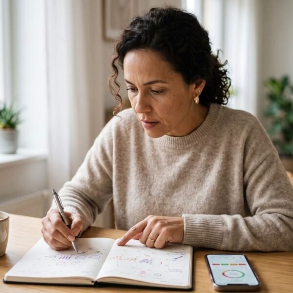 Mulher registrando sintomas do ciclo após perceber que a TPM piorou depois dos 40.