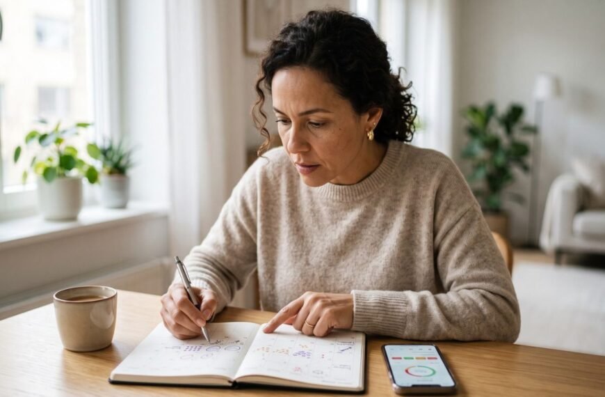 Mulher registrando sintomas do ciclo após perceber que a TPM piorou depois dos 40.
