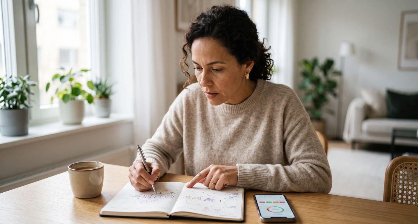 Mulher registrando sintomas do ciclo após perceber que a TPM piorou depois dos 40.