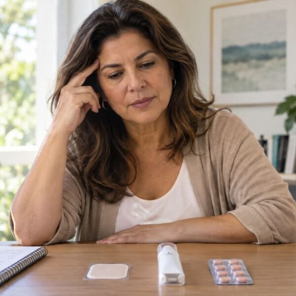 Mulher avaliando opções de terapia hormonal e enxaqueca, com representação de adesivo, gel e comprimido.