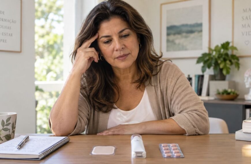 Mulher avaliando opções de terapia hormonal e enxaqueca, com representação de adesivo, gel e comprimido.