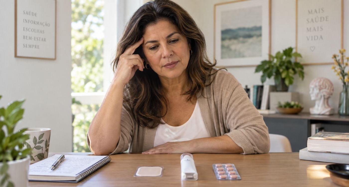 Mulher avaliando opções de terapia hormonal e enxaqueca, com representação de adesivo, gel e comprimido.