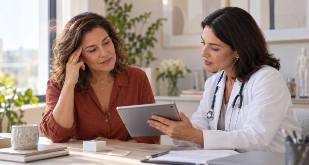 Mulher 40+ conversando com médica sobre terapia hormonal e enxaqueca durante consulta no climatério.