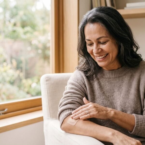 mulher feliz aplicando terapia hormonal transdérmica apos aprender sobre terapia hormonal e humor na menopausa