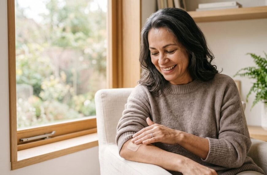 mulher feliz aplicando terapia hormonal transdérmica apos aprender sobre terapia hormonal e humor na menopausa