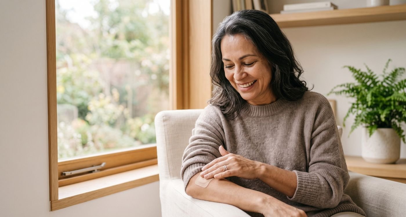 mulher feliz aplicando terapia hormonal transdérmica apos aprender sobre terapia hormonal e humor na menopausa