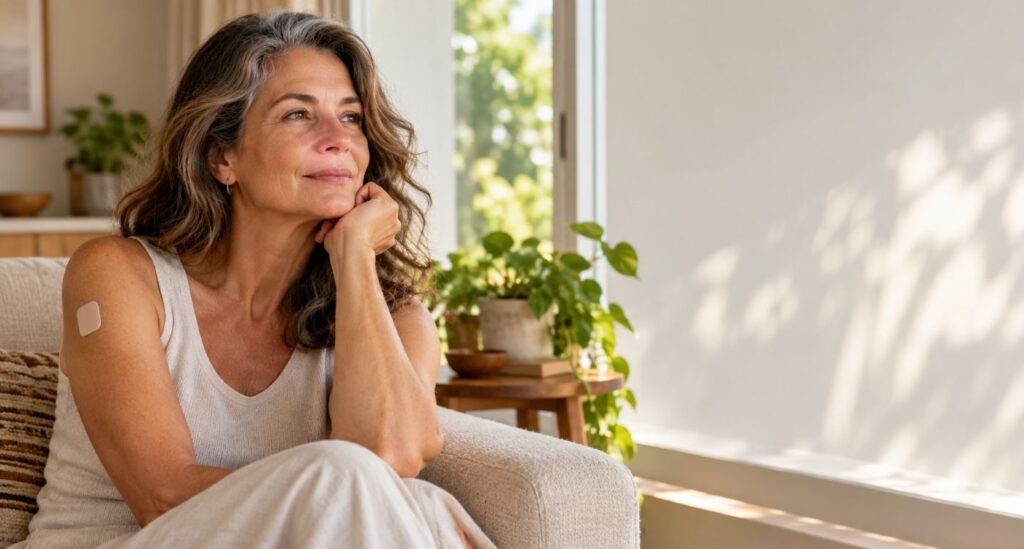  mulher 50+ refletindo sobre terapia hormonal e humor durante consulta sobre menopausa