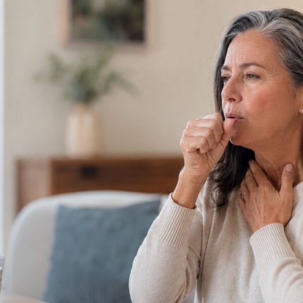 Mulher com tosse seca na menopausa levando a mão à boca para tossir, em ambiente doméstico.