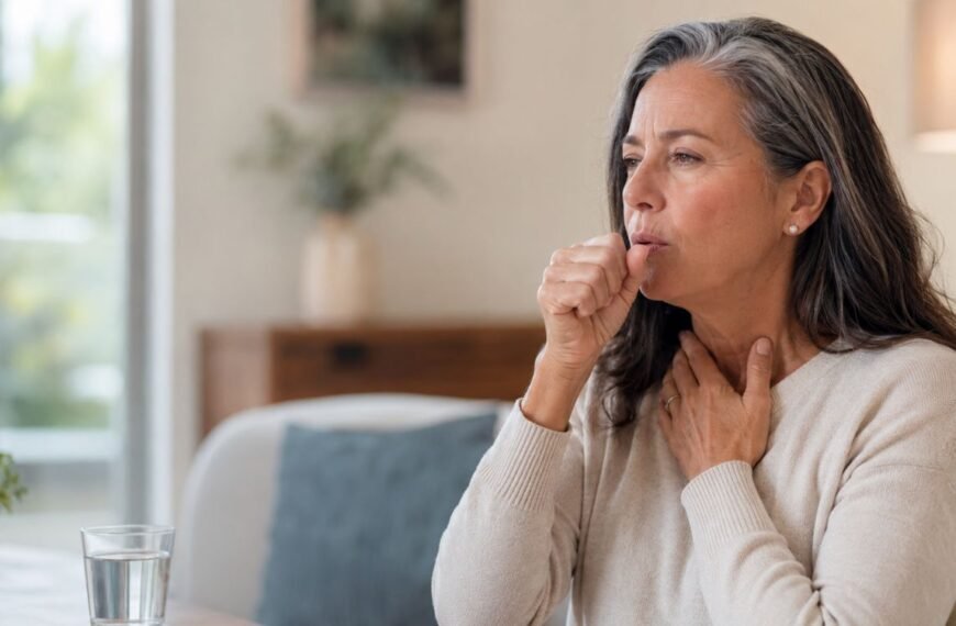 Mulher com tosse seca na menopausa levando a mão à boca para tossir, em ambiente doméstico.