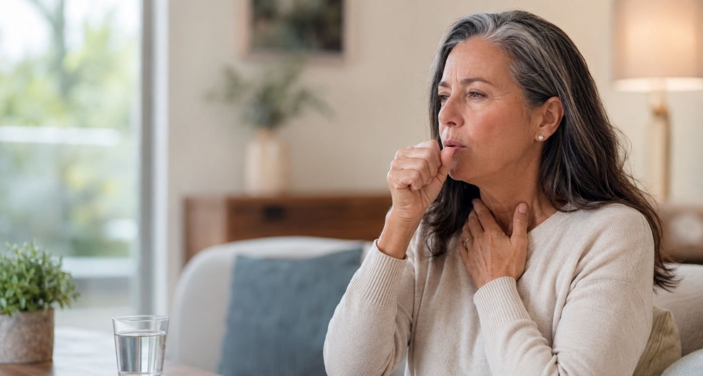 Mulher com tosse seca na menopausa levando a mão à boca para tossir, em ambiente doméstico.