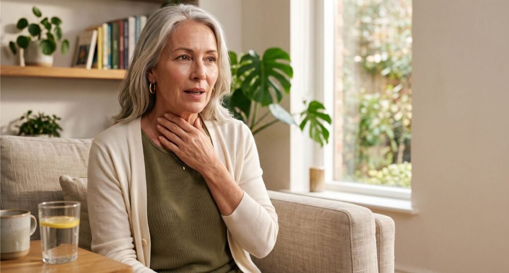  Mulher com tosse seca na menopausa levando a mão à garganta em ambiente doméstico.