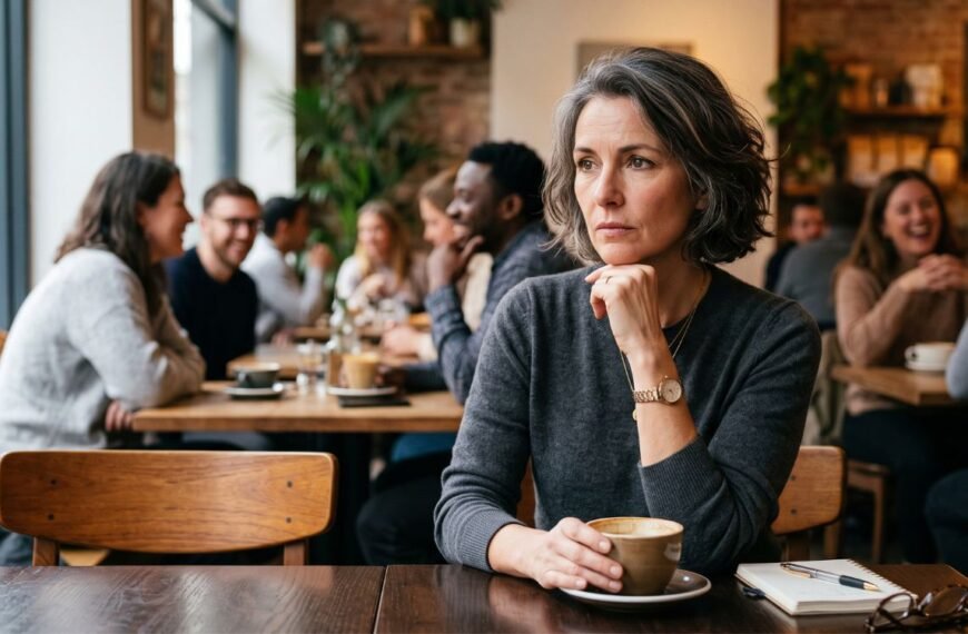 mulher 45+ refletindo sobre estar sentindo vergonha da perimenopausa, enquanto encontra-se isolada em um restaurante