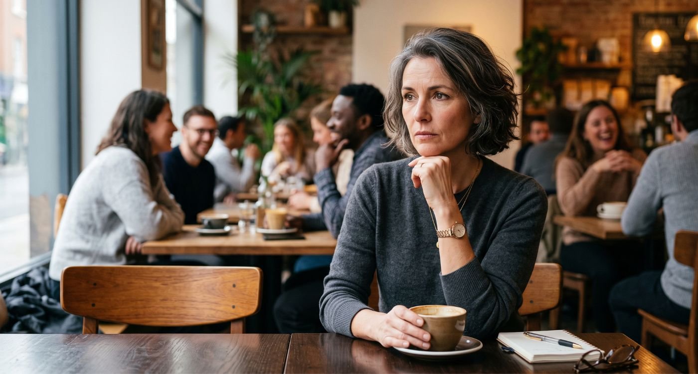 mulher 45+ refletindo sobre estar sentindo vergonha da perimenopausa, enquanto encontra-se isolada em um restaurante