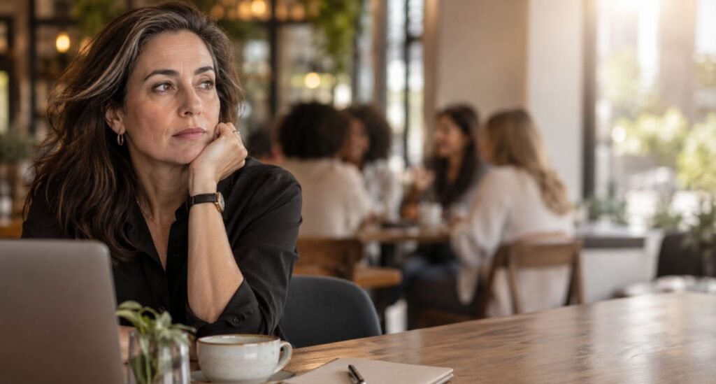Mulher 40+ refletindo sobre vergonha da perimenopausa e o tabu relacionado ao envelhecimento feminino.
