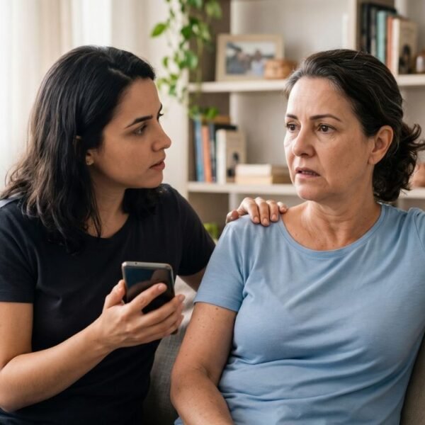 Mulher de 55 anos apresenta possíveis sinais de AVC em mulheres enquanto familiar percebe a situação e busca ajuda pelo telefone.