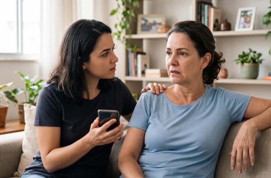 Mulher de 55 anos apresenta possíveis sinais de AVC em mulheres enquanto familiar percebe a situação e busca ajuda pelo telefone.