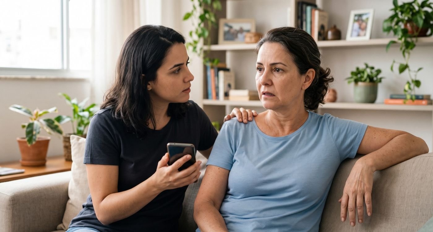 Mulher de 55 anos apresenta possíveis sinais de AVC em mulheres enquanto familiar percebe a situação e busca ajuda pelo telefone.