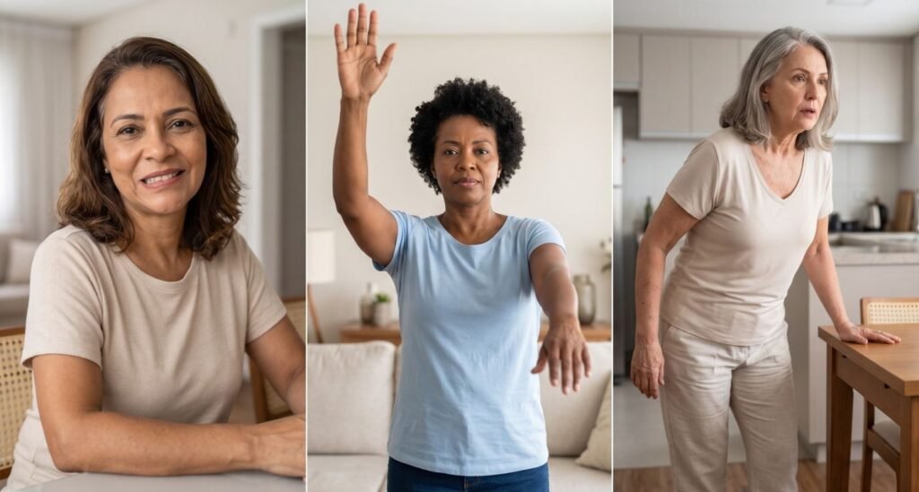 Três mulheres ilustram sinais de AVC em mulheres: assimetria facial, perda de força em um braço e alteração súbita do equilíbrio.