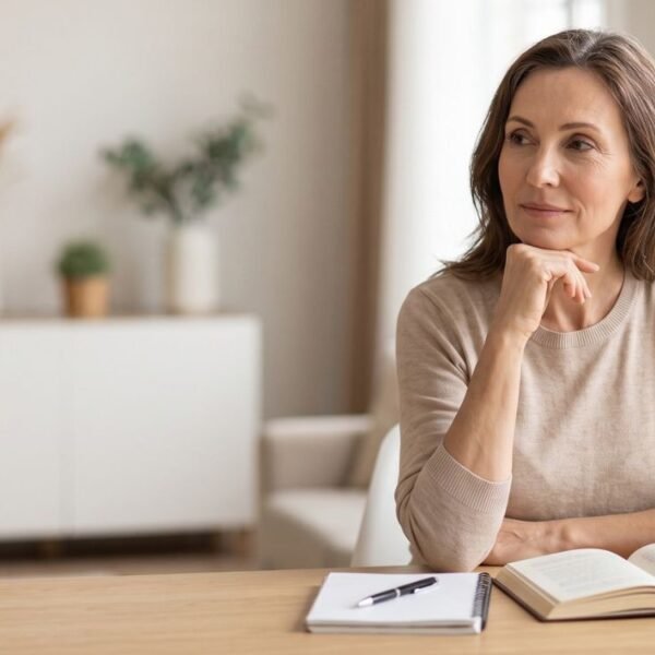 Mulher 50+ refletindo sobre memória e Alzheimer na menopausa, representando cuidado com a saúde cerebral.