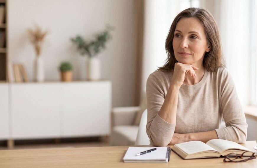 Mulher 50+ refletindo sobre memória e Alzheimer na menopausa, representando cuidado com a saúde cerebral.