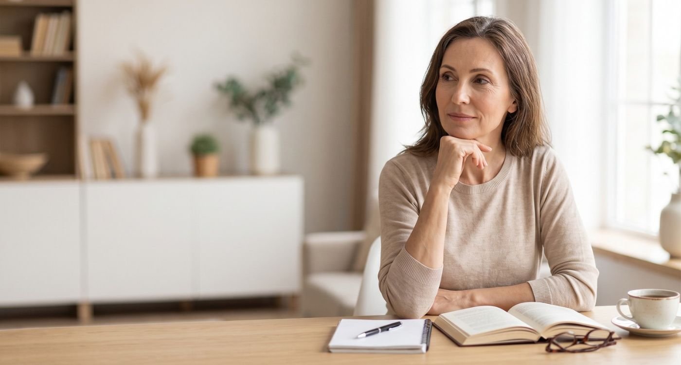 Mulher 50+ refletindo sobre memória e Alzheimer na menopausa, representando cuidado com a saúde cerebral.
