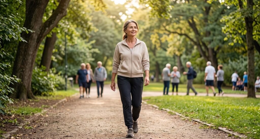 Mulher no climatério realizando atividades para proteger a saúde cerebral e reduzir fatores de risco de Alzheimer na menopausa.