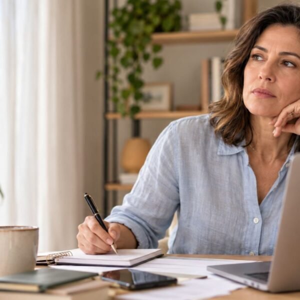 Mulher 45+ com dificuldade de atenção na menopausa durante uma atividade de trabalho.