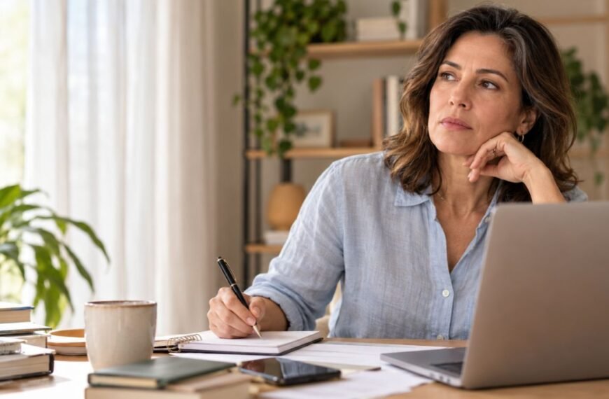 Mulher 45+ com dificuldade de atenção na menopausa durante uma atividade de trabalho.